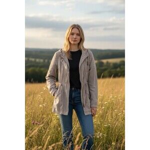 Express Women’s Zip Front Utility Jacket Size M Taupe Hooded Moto Anorak Cargo